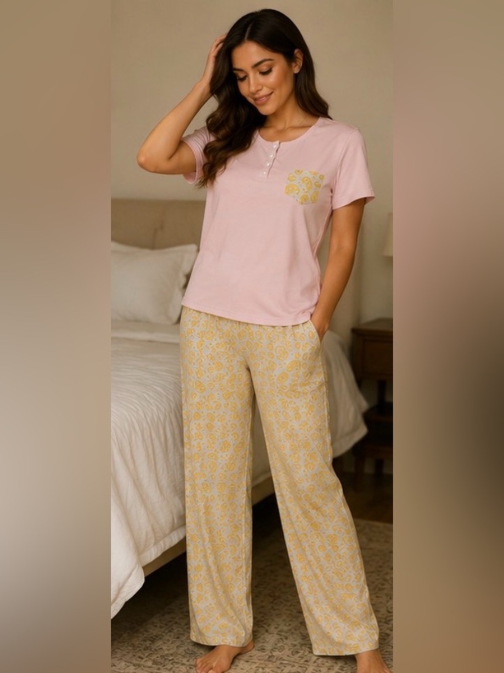 Soft Pink Short-Sleeve Pajama Top with Yellow Printed Pocket